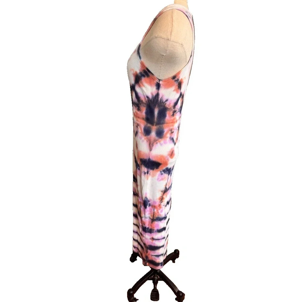 YFB Tie Dye Ribbed Midi Tank Dress Womens S Racerback Bodycon White Blue Pink
